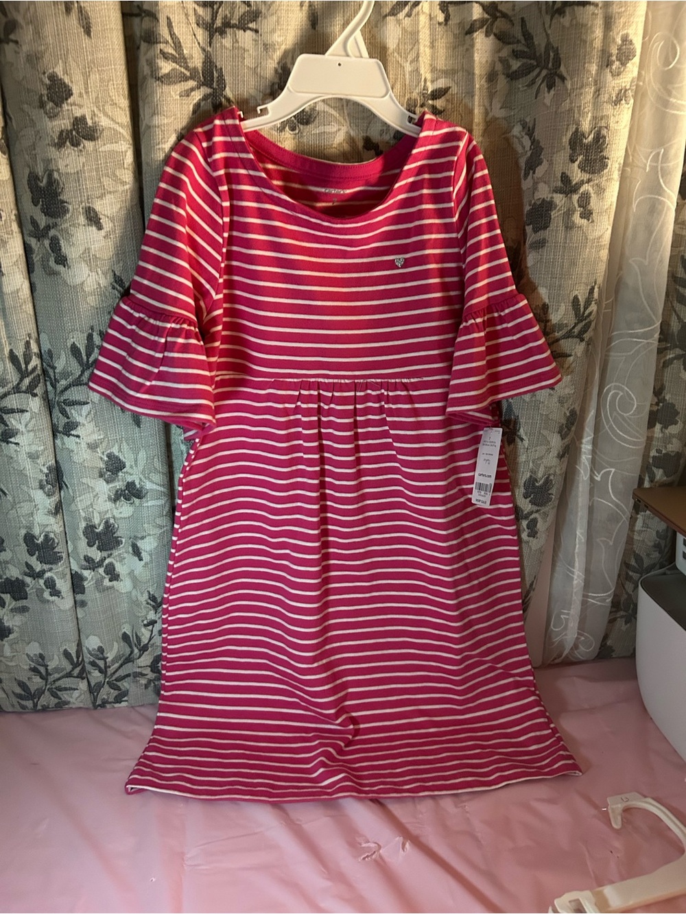 Carter's Hot Pink & White Striped Ruffle Sleeve Dress